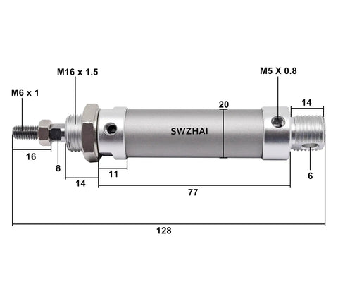 Side view of Compact 16mm Bore 25mm Stroke Air Cylinder MAL16x25 Double Action Pneumatic Cylinder With Y Connector and fittings