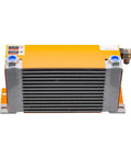 Hydraulic Air Cooler Plate Heat Exchanger for Oil Tank Cooling 24V Oil Radiator, front view with orange casing