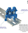 Blue DK2.5N-BL DIN rail terminal block screw type shown installed on rail, UL 600V 20A 12-22AWG for industrial projects
