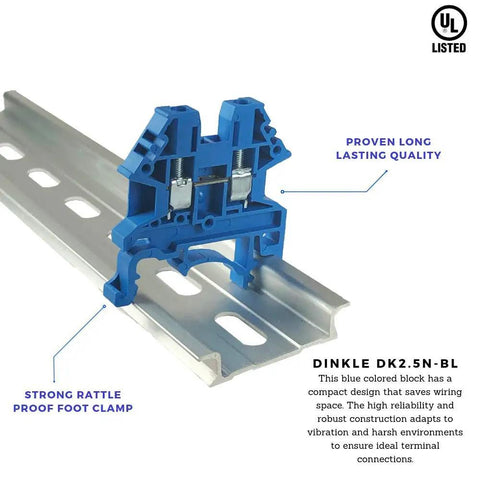 Blue DK2.5N-BL DIN rail terminal block screw type shown installed on rail, UL 600V 20A 12-22AWG for industrial projects