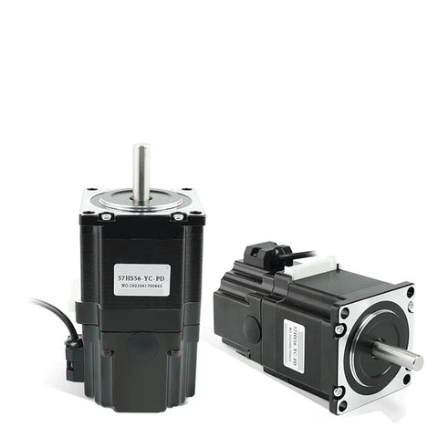 Two NEMA 23 stepper motors with black housings and silver shafts; model 57HS56-YC-PD label visible