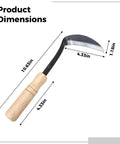 Left Handed Weeding Sickle With Beech Handle, 4.3 Inch Carbon Steel Cutter, dimensions label, durable garden tool image.