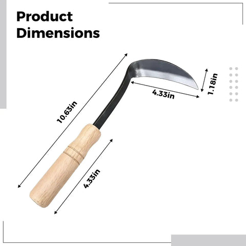 Left Handed Weeding Sickle With Beech Handle, 4.3 Inch Carbon Steel Cutter, dimensions label, durable garden tool image.
