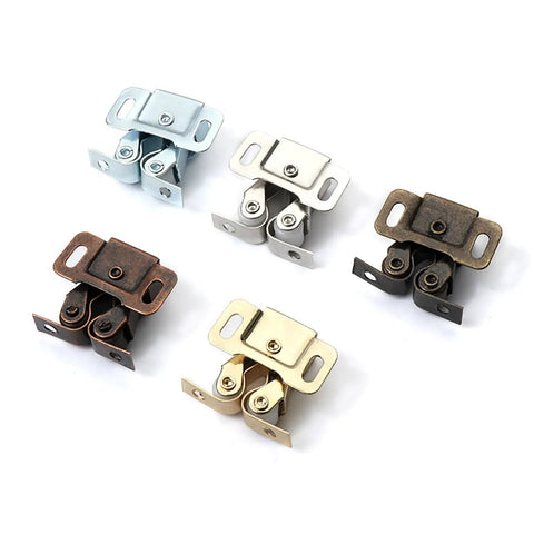 Five Pack Twin Roller Cabinet Door Catches With Screws for Home Furniture, assorted colors on white background.