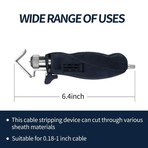 6.4-inch Round Cable Stripper With Adjustable Cutting Depth For Fast And Clean Jacket Removal, Triple Action Tool shown sideways
