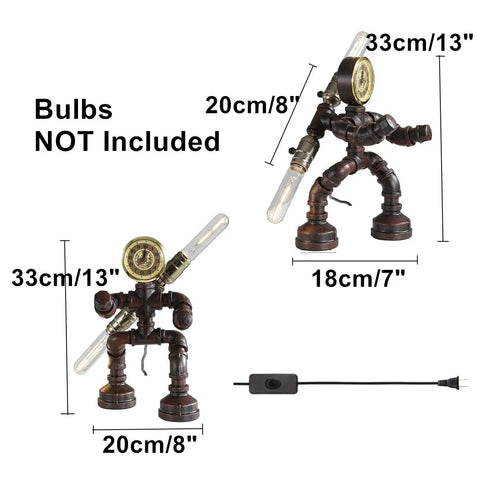 Robot Pipe Table Lamp With Rustic Industrial Style Two Light Edison Bulb Desk Light shown with measurements.