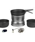 Ultralight hard anodized camping cookset with gas burner includes gas stove two hard anodized pots and fry pan upper and lower windshields