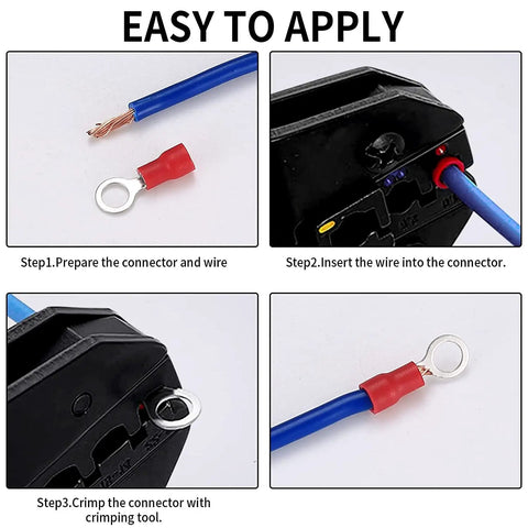 Application steps for using 200 Pcs Mixed Quick Disconnect Ring Terminals Kit For Automotive And Home Wiring Insulated O Ring Crimp Connectors