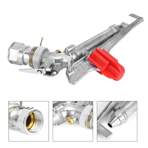 All Season Farm Irrigation Sprinkler With Adjustable Impact Spray Gun and Nozzle Set for Big Backyards, showcasing rugged zinc assembly.