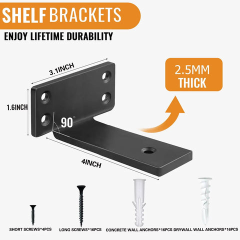 Rock Solid Hidden Floating Shelf Brackets Heavy Duty Black Metal L Bracket 3.1x1.6 inch dimensions and 2.5mm thickness.