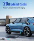 Heavy Duty J1772 EV Charging Extension Cord 21 Feet Of Sweet Reach 32 Amp Plug And Play Cable charging a blue electric vehicle.