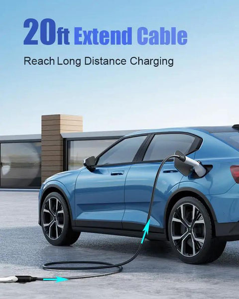 Heavy Duty J1772 EV Charging Extension Cord 21 Feet Of Sweet Reach 32 Amp Plug And Play Cable charging a blue electric vehicle.
