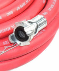 Heavy Duty Three Quarter Inch Red Rubber Air Hose 100 Feet Long featuring a quick connect plug detail on the coil.