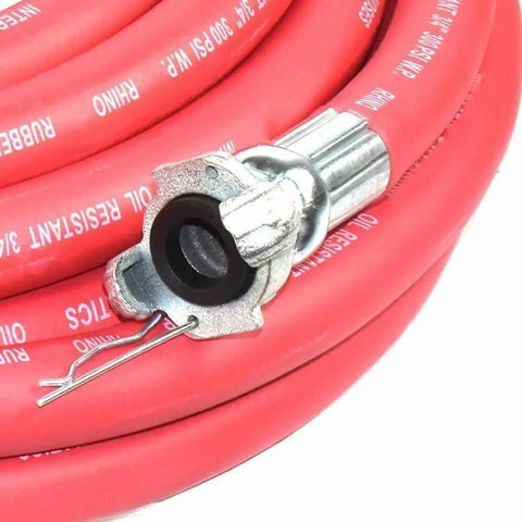 Heavy Duty Three Quarter Inch Red Rubber Air Hose 100 Feet Long featuring a quick connect plug detail on the coil.