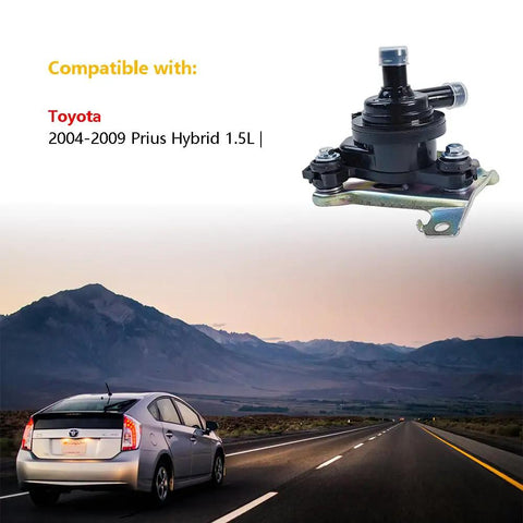 Electric Inverter Coolant Pump Water Pump With Bracket For 2004 To 2009 Toyota Prius Hybrid 1 5 Liter close-up with car background.