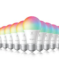 Alexa Compatible Color Changing Smart Bulbs 10 Pack with auto pairing, showing color gradient on bulb tops, E26 base visible.