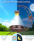 Outdoor Metal Standing Bird Bath With Solar Lamp Vintage Style Garden Birdbath Pedestal With Flower Planter 36 Inches Tall