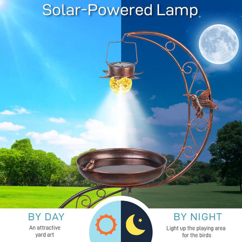 Outdoor Metal Standing Bird Bath With Solar Lamp Vintage Style Garden Birdbath Pedestal With Flower Planter 36 Inches Tall
