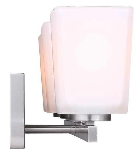 Side view of Hartley 3 Light Vanity Fixture Brushed Nickel With Flat Opal Glass Damp Location Rated Modern Bath Lighting