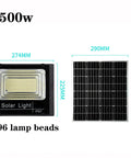 JUDYSSY Solar Flood Light Outdoor, Led Light Solar Flood Light Sensor Solar Pa, Black, 500W with lamp beads and solar panel measurements.