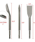 Image showing three chisels from the Six Piece SDS Plus Hammer Drill Chisel Set for Rotary Hammers, with dimensions labeled.