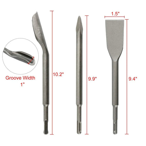 Image showing three chisels from the Six Piece SDS Plus Hammer Drill Chisel Set for Rotary Hammers, with dimensions labeled.