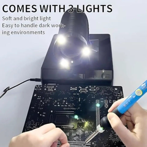 Straight Up Slick Mini Solder Fume Extractor With Adjustable Telescopic Arm And Integrated Led Light in use with PCB and soldering tool.