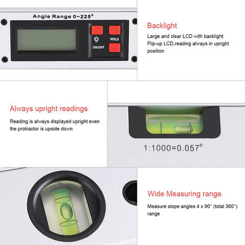 Pro Grade Digital Inclinometer Level 360 Degree Range Angle Finder With Bright Backlit Display For Dead On Slope Readings On Construction Job Sites And Custom Cabinetry Real Deal Gear showing LCD display with backlight and level bubble.