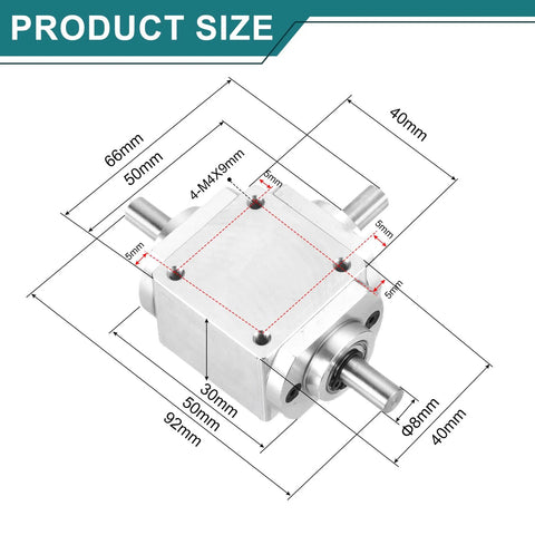 uxcell 90° bevel gearbox with aluminum housing and dual output shafts, 1:1 ratio, 8mm shaft, 92x66x30mm