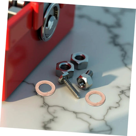 Must Have Go To 20 Piece Flat Copper Washer Kit For Automotive And Plumbing, High Precision Sealing Gaskets For Oil Drain Plug And Hydraulic Fittings, Copper Washers For Leak Free Performance And Quick Heat Dissipation. Flat copper washers with nuts and bolt on a marble surface