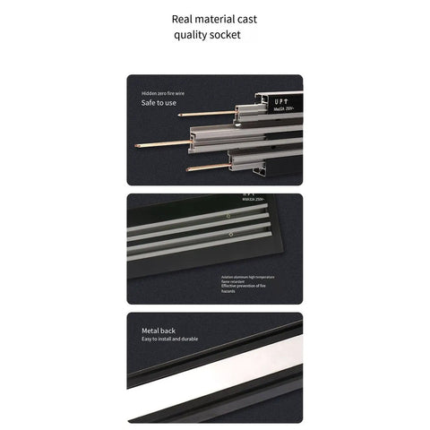 Top Notch Wall Mounted Track Power Strip Featuring Slick Sliding Sockets Multipurpose Surge Protection Rail Gonna Fit Your Home Office Or Kitchen Perfectly Gold Finish At 100 Cm showing cast quality socket with hidden fire wire and durable metal back.