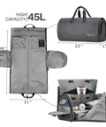 Convertible garment duffel bag with 45L capacity, showing spacious interior, suit storage, and folded duffel view. Ideal for travel.