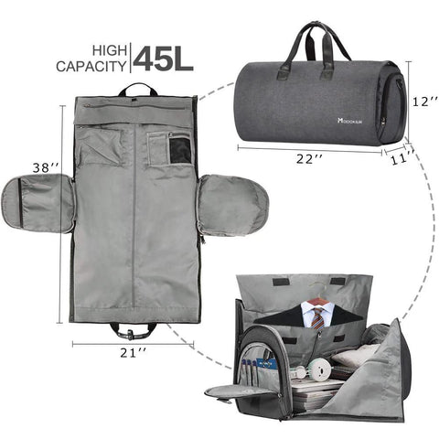 Convertible garment duffel bag with 45L capacity, showing spacious interior, suit storage, and folded duffel view. Ideal for travel.