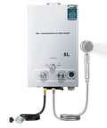 Ultra Lightweight Killer 8 Liter Portable Propane Water Heater With 2.11 GPM Tankless Flow And Crisp Digital Display front view with gas and water controls