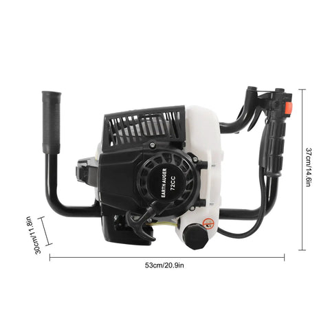 Beast 72cc Gas Powered Post Hole Digger With 4.1HP Heavy Duty Earth Auger shown from side with handle and controls