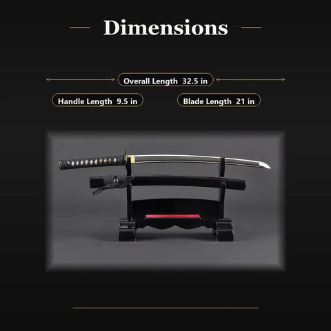 Dope Unsharpened Stainless Steel Iaido Training Sword For Safe Practice 21 Inch Wakizashi Blade on stand with dimensions