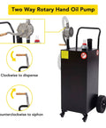 40 Gallon Gas Caddy With Four Wheels Portable Heavy Duty Fuel Tank Includes Manual Transfer Pump For ATV Boat Tractor Lawn Mower And Motorcycle Black Gasoline And Diesel Compatible Spill Proof Cap Wide Mouth Neck Long Flow Hose with two way rotary hand oil pump