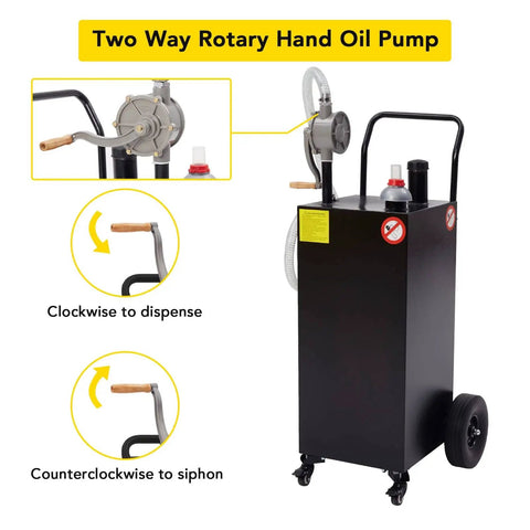 40 Gallon Gas Caddy With Four Wheels Portable Heavy Duty Fuel Tank Includes Manual Transfer Pump For ATV Boat Tractor Lawn Mower And Motorcycle Black Gasoline And Diesel Compatible Spill Proof Cap Wide Mouth Neck Long Flow Hose with two way rotary hand oil pump