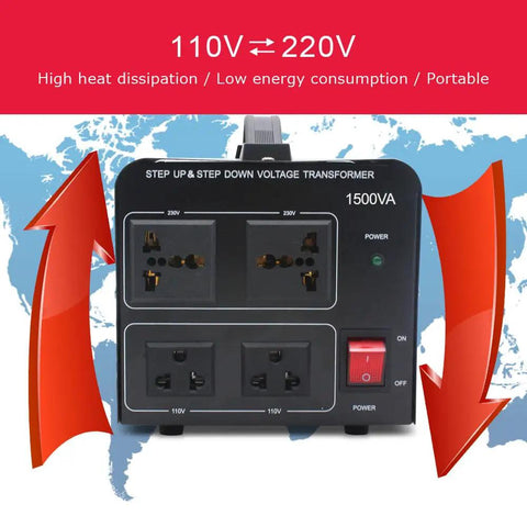 Front view of 1500W Voltage Converter Transformer 110V To 220V And 220V To 110V Step Up Down Power Adapter with map background