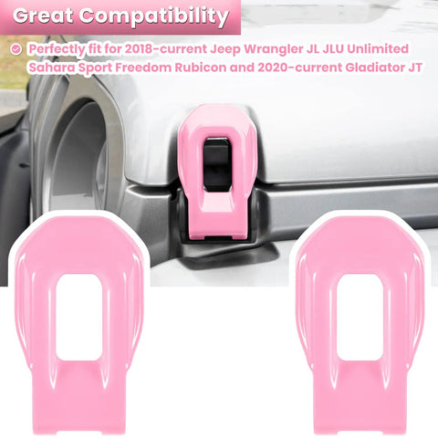 Pink Hood Latch Lock Bracket Covers on a Jeep Wrangler JL, highlight for 2018-2024 models, 2 pack exterior accessories.