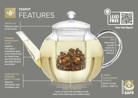 Stovetop And Microwave Safe Glass Teapot With Removable Infuser, Includes 2 Blooming Teas, 2 In 1 Tea Kettle And Maker For Home Brewing, Purist Favorite