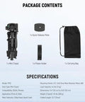 Package contents of Beginner Friendly Mini Desk Tripod For iPhone DSLR Camcorder And Webcam with tripod, quick release plate, phone holder, and bag