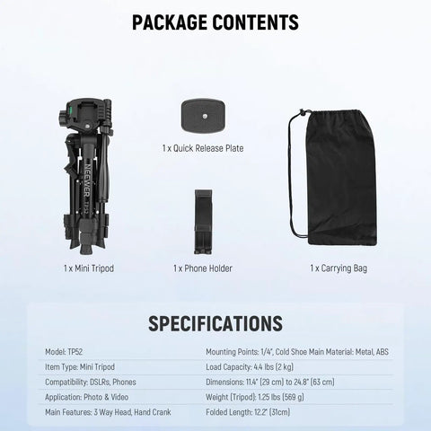 Package contents of Beginner Friendly Mini Desk Tripod For iPhone DSLR Camcorder And Webcam with tripod, quick release plate, phone holder, and bag