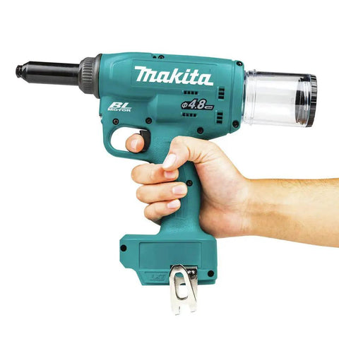Pro Grade 18V Brushless Cordless Riveter With Serious Pulling Force in hand, lightweight turquoise design for easy use.