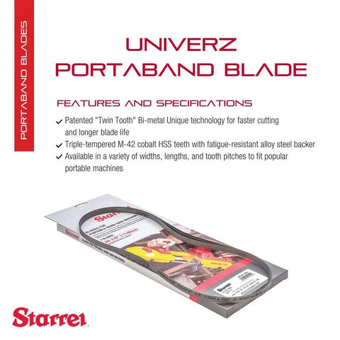 Packaging of Beefy Bi Metal Portaband Saw Blade For Metalworking Shops And DIY Projects, showing blade details and brand.