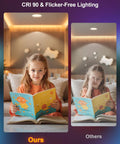 Child reading with DUSKTEC Smart Recessed Lighting 4 Inch Color Changing LED Recessed Lights illuminating the scene.