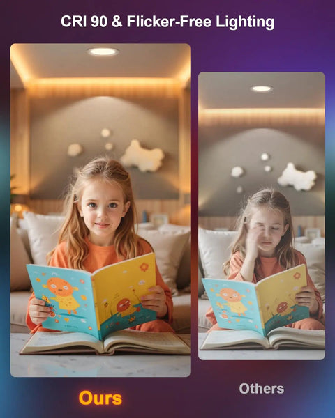Child reading with DUSKTEC Smart Recessed Lighting 4 Inch Color Changing LED Recessed Lights illuminating the scene.
