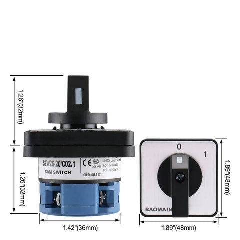 Heavy Duty 20A 660V Rotary Cam Changeover Switch, 2-Position 4-Terminal SZW26-20/C02.1 front and side view with dimensions