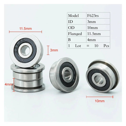 Thinking Process: sealed flanged deep groove ball bearing, 3mm ID, 10mm OD, 4mm thick steel