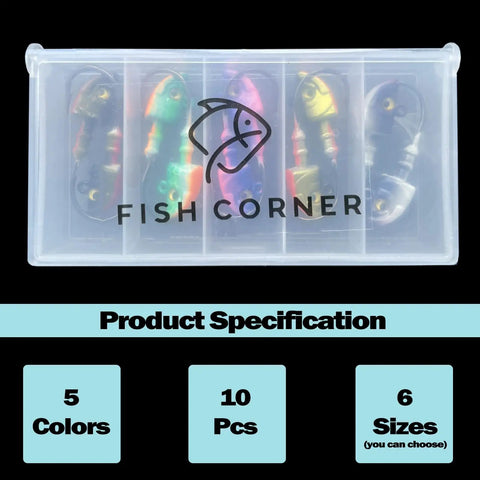 Straight Fire Swimbait Jig Heads With Realistic 3D Eyes And Tough High Carbon Steel Hooks In The Ten Pack For Saltwater Fishing individual jig heads in a clear storage case.